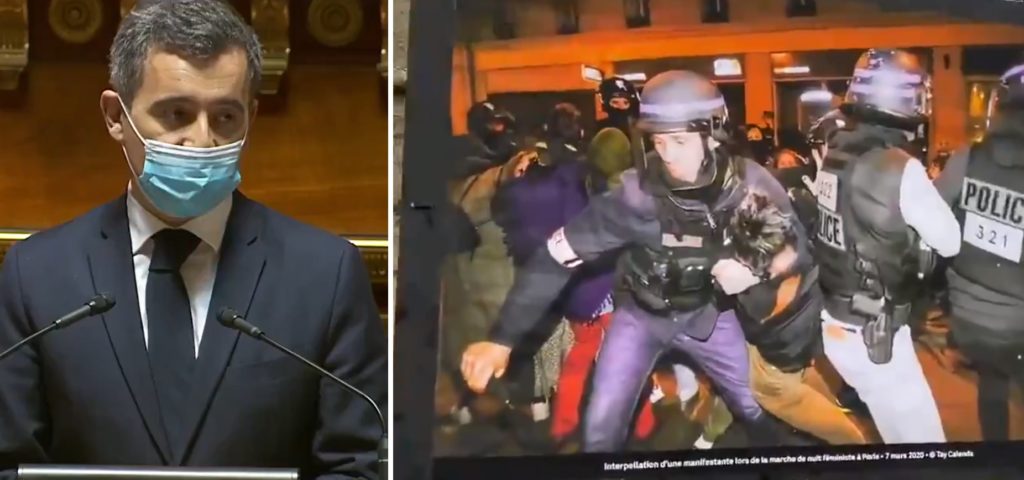 ATTAC expose des photos de violences policières devant le Sénat pour dire non à la loi Sécurité globale en France (18 mars) Darmanin Macron