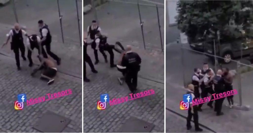 L'homme plaqué au sol par un policier, rue des Fleuristes à Bruxelles.