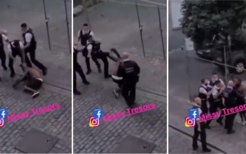 L'homme plaqué au sol par un policier, rue des Fleuristes à Bruxelles.