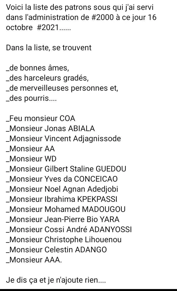 Noms des harceleurs de Benoite Martine Makou, fonctionnaire d'Etat du Bénin