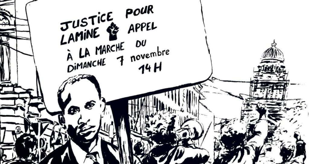 Affiche de la manifestation du 7 novembre pour la restitution du corps de Lamine Bangoura - Dessin : Jérôme Tellier.