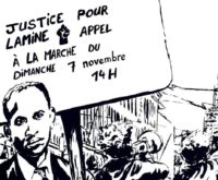 Dessin 'Justice pour Lamine Bangoura' pour la manifestation du 7 novembre à Bruxelles