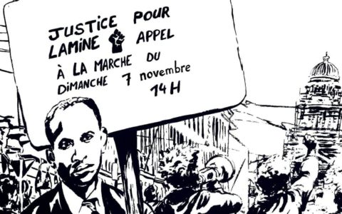 Dessin 'Justice pour Lamine Bangoura' pour la manifestation du 7 novembre à Bruxelles