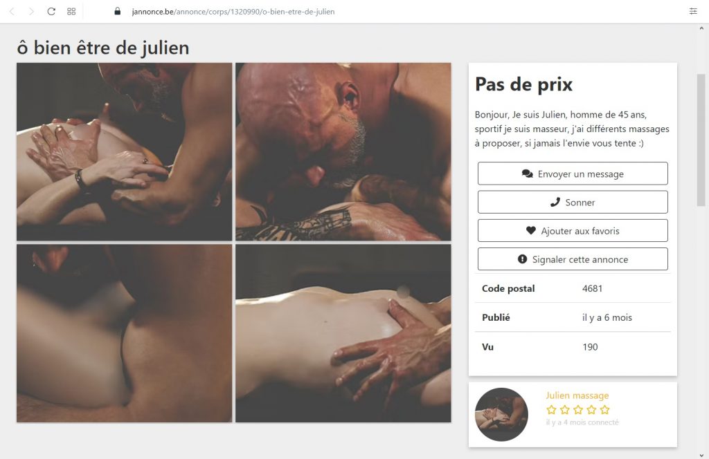 L'annonce de Laurent Delsipexhe, masseur érotique sous le pseudonyme de Julien, a depuis été supprimée.
